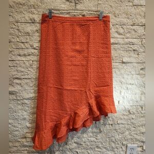 J Crew Orange Eyelet Ruffled Asymmetrical Skirt Size Medium